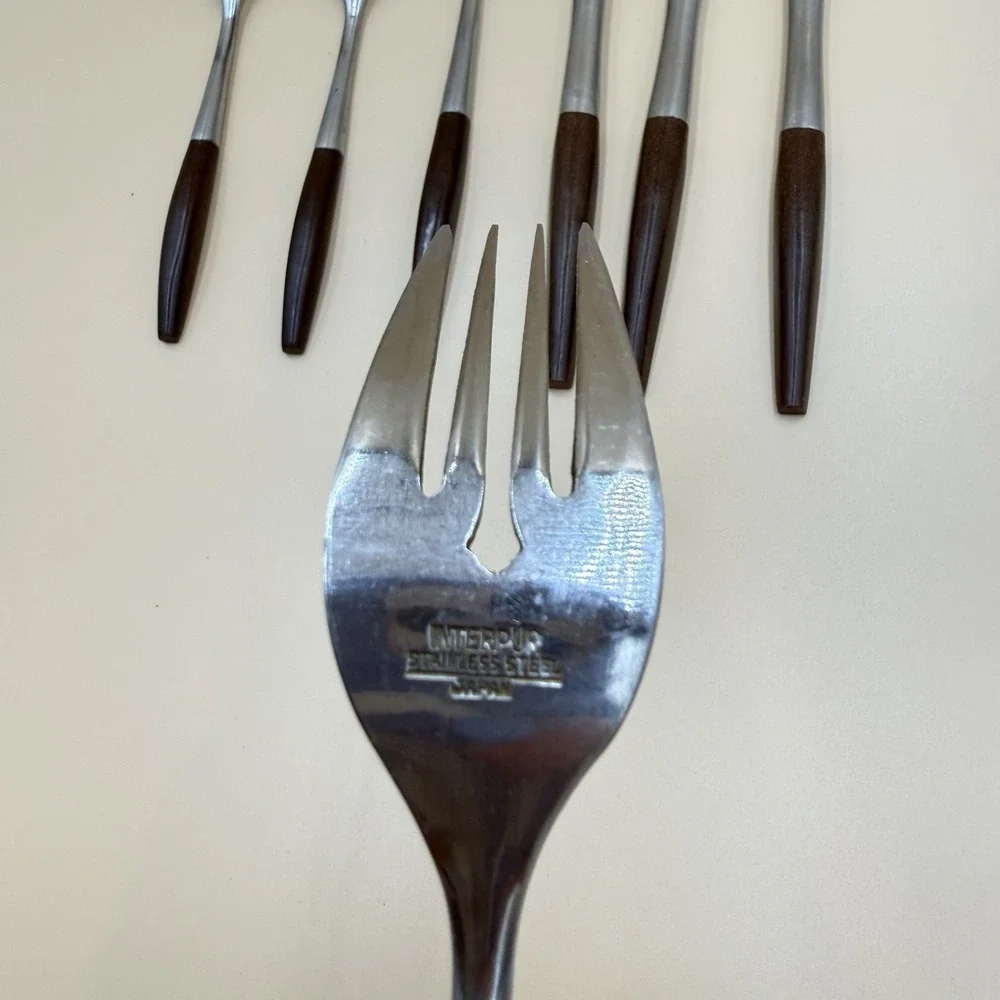 Lot of 7 Interpur Stainless Steel Brown Handle Dinner  Flatware Japan Replace